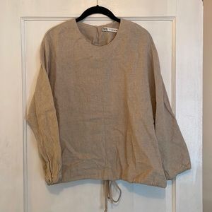 Zara Long-Sleeved Lightweight Top with Cinched-Tie Waist in Tan (Size S)